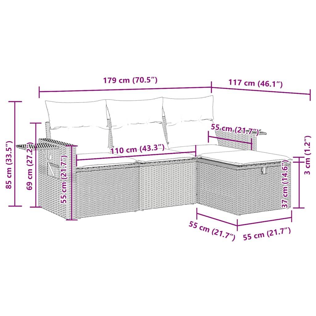 vidaXL 4-tlg. Garten-Sofagarnitur mit Kissen Grau Poly Rattan