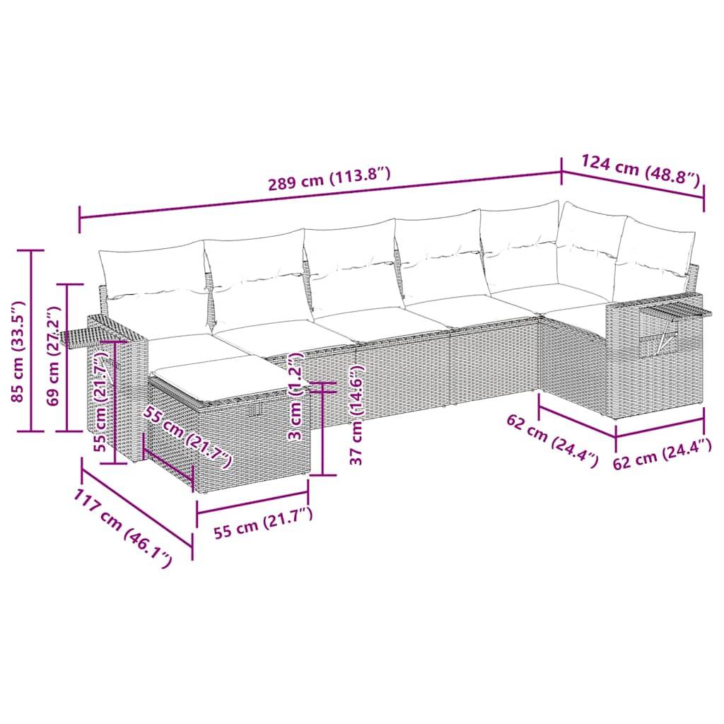 vidaXL 7-tlg. Garten-Sofagarnitur mit Kissen Schwarz Poly Rattan