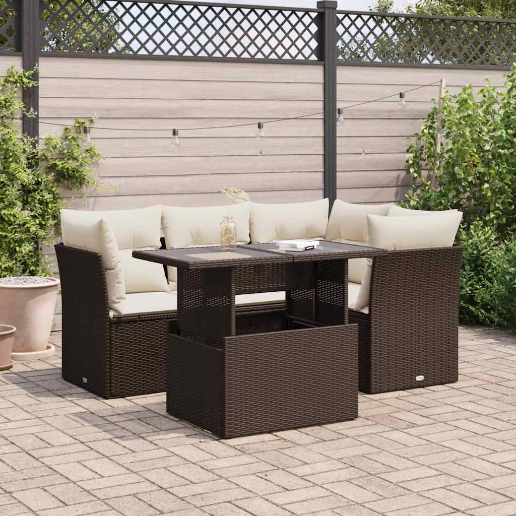 vidaXL 5-tlg. Garten-Sofagarnitur mit Kissen Braun Poly Rattan