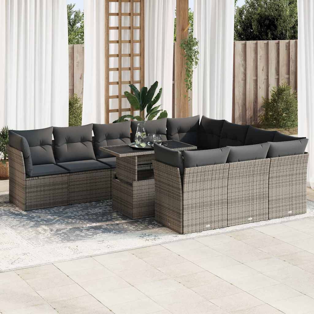 vidaXL 11-tlg. Garten-Sofagarnitur mit Kissen Grau Poly Rattan