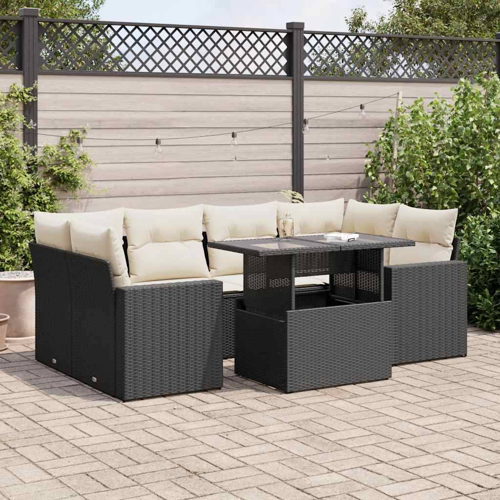 vidaXL 7-tlg. Garten-Sofagarnitur mit Kissen Schwarz Poly Rattan