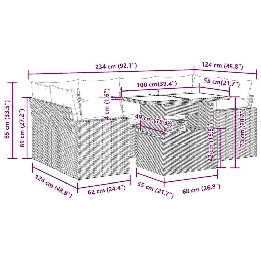 vidaXL 7-tlg. Garten-Sofagarnitur mit Kissen Schwarz Poly Rattan