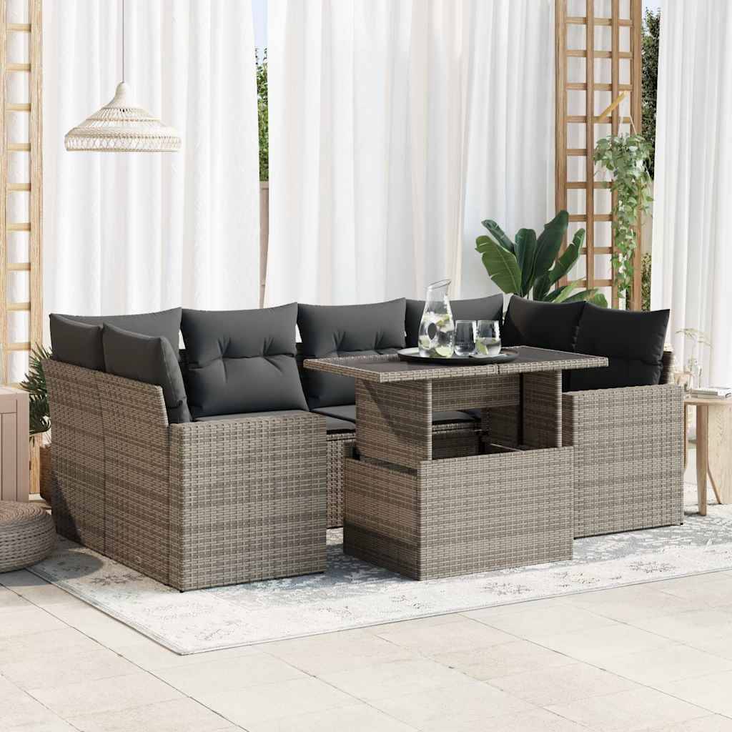 vidaXL 7-tlg. Garten-Sofagarnitur mit Kissen Grau Poly Rattan
