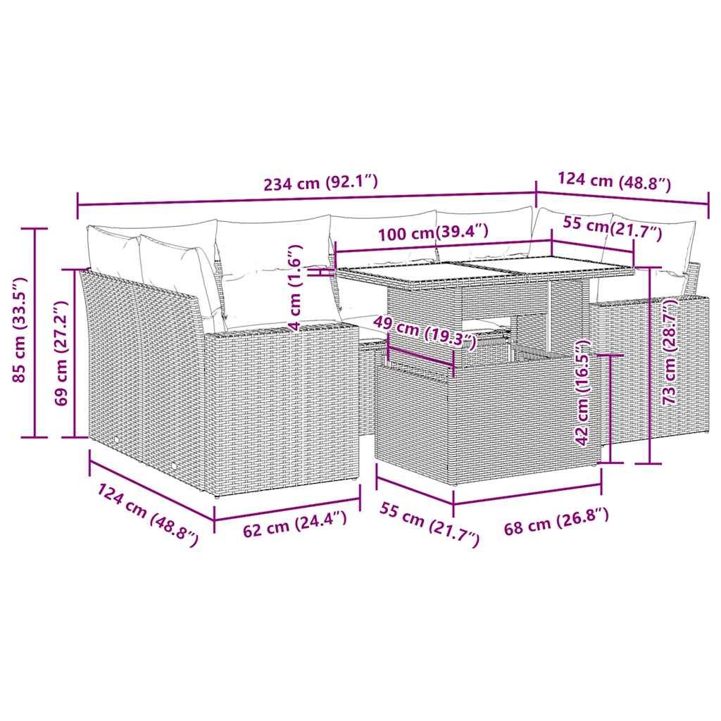 vidaXL 7-tlg. Garten-Sofagarnitur mit Kissen Hellgrau Poly Rattan