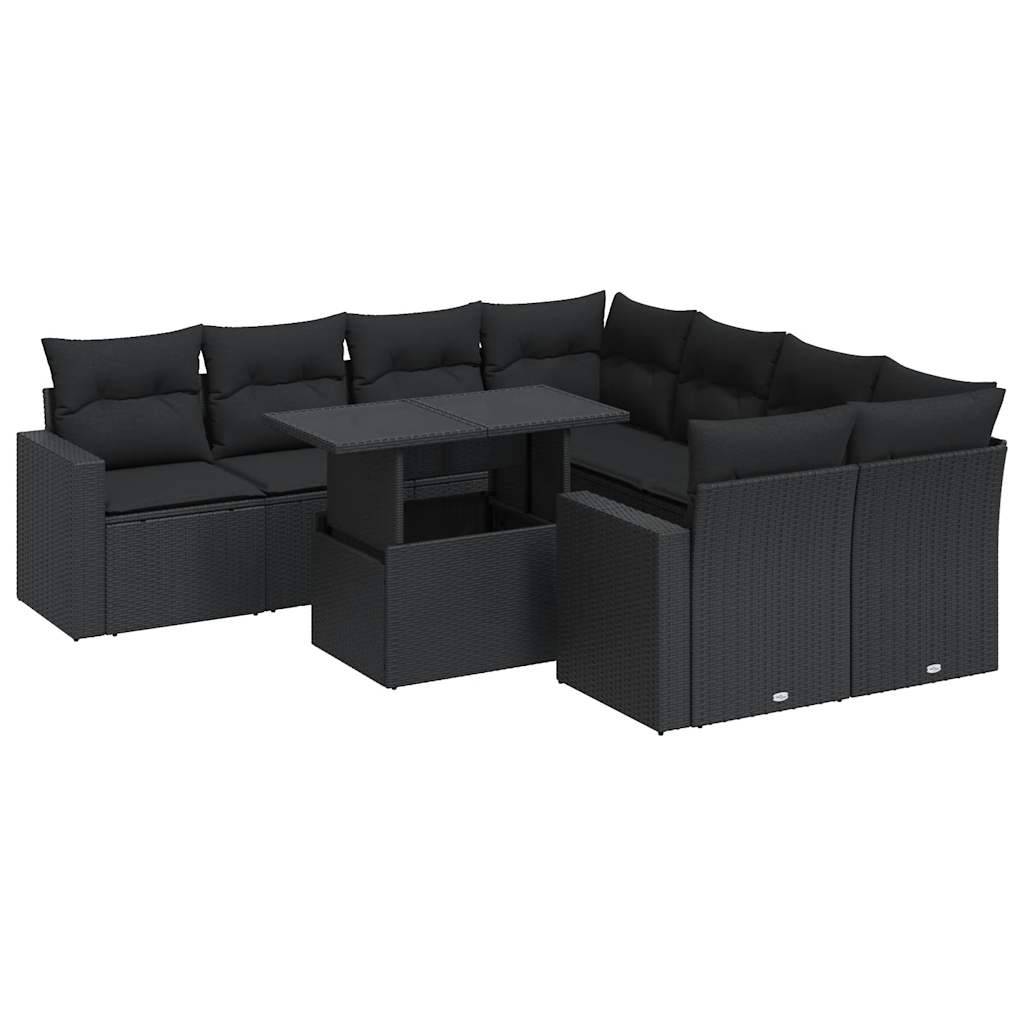 vidaXL 9-tlg. Garten-Sofagarnitur mit Kissen Schwarz Poly Rattan