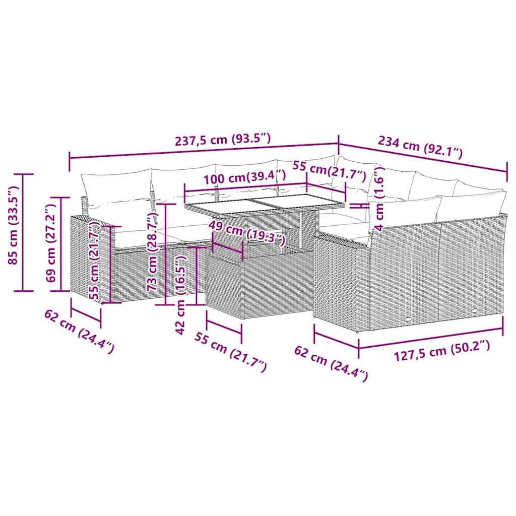vidaXL 9-tlg. Garten-Sofagarnitur mit Kissen Schwarz Poly Rattan