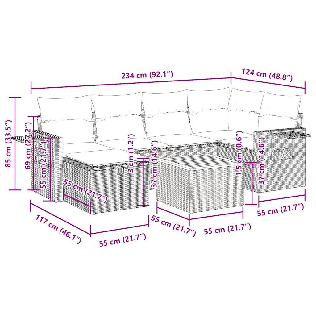 vidaXL 7-tlg. Garten-Sofagarnitur mit Kissen Beige Poly Rattan