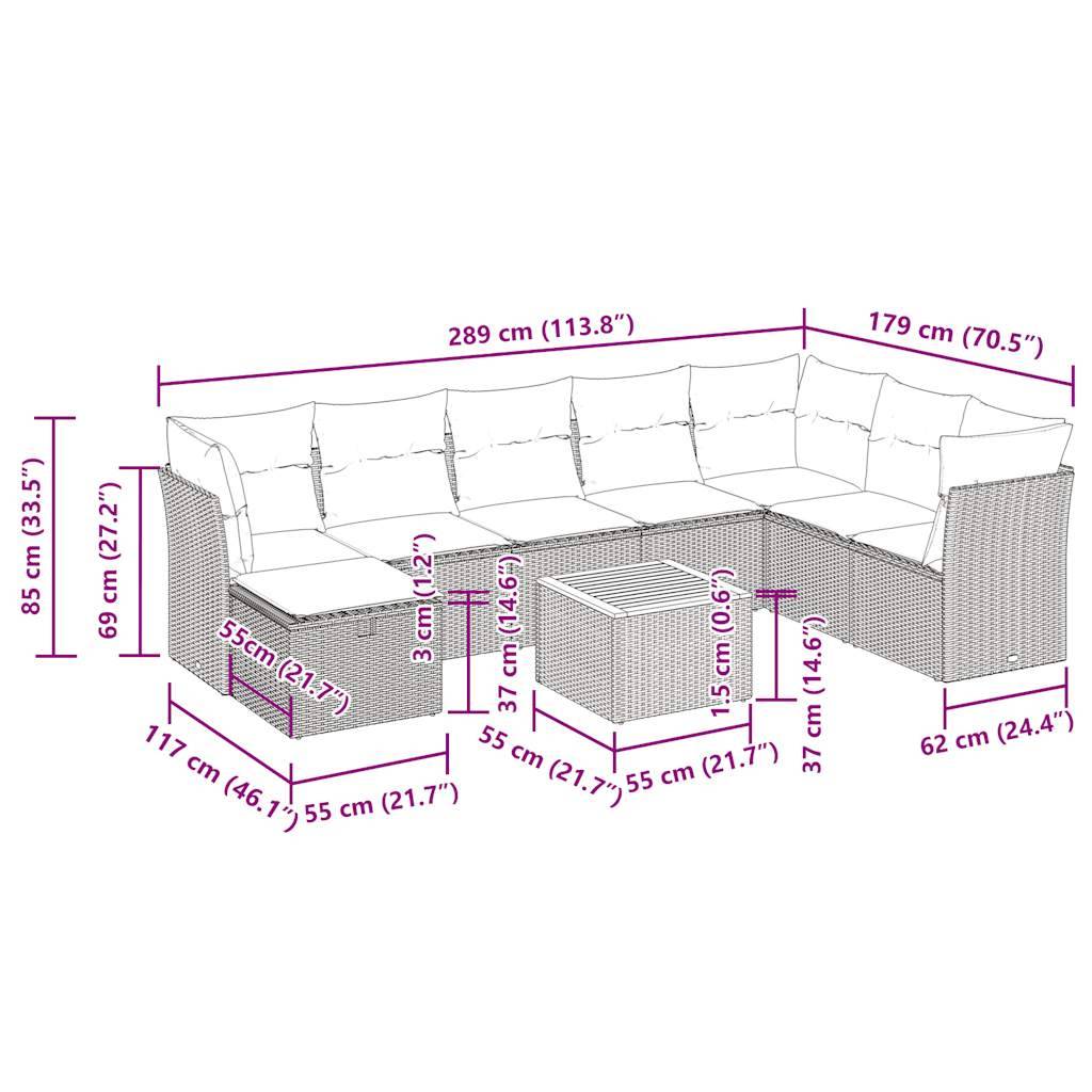 vidaXL 9-tlg. Garten-Sofagarnitur mit Kissen Grau Poly Rattan