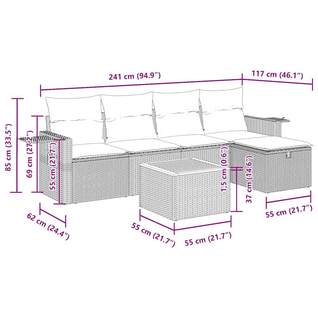 vidaXL 6-tlg. Garten-Sofagarnitur mit Kissen Grau Poly Rattan