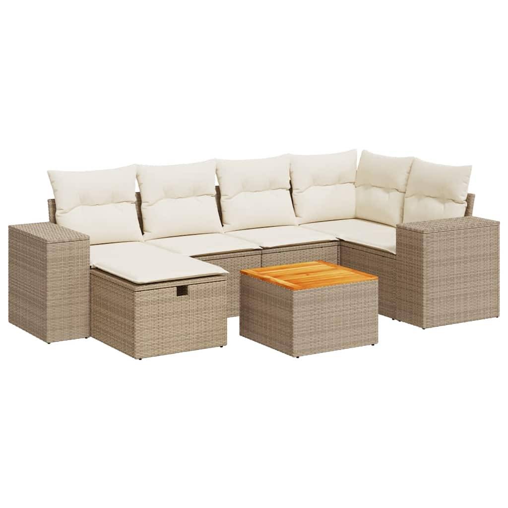 vidaXL 7-tlg. Garten-Sofagarnitur mit Kissen Beige Poly Rattan