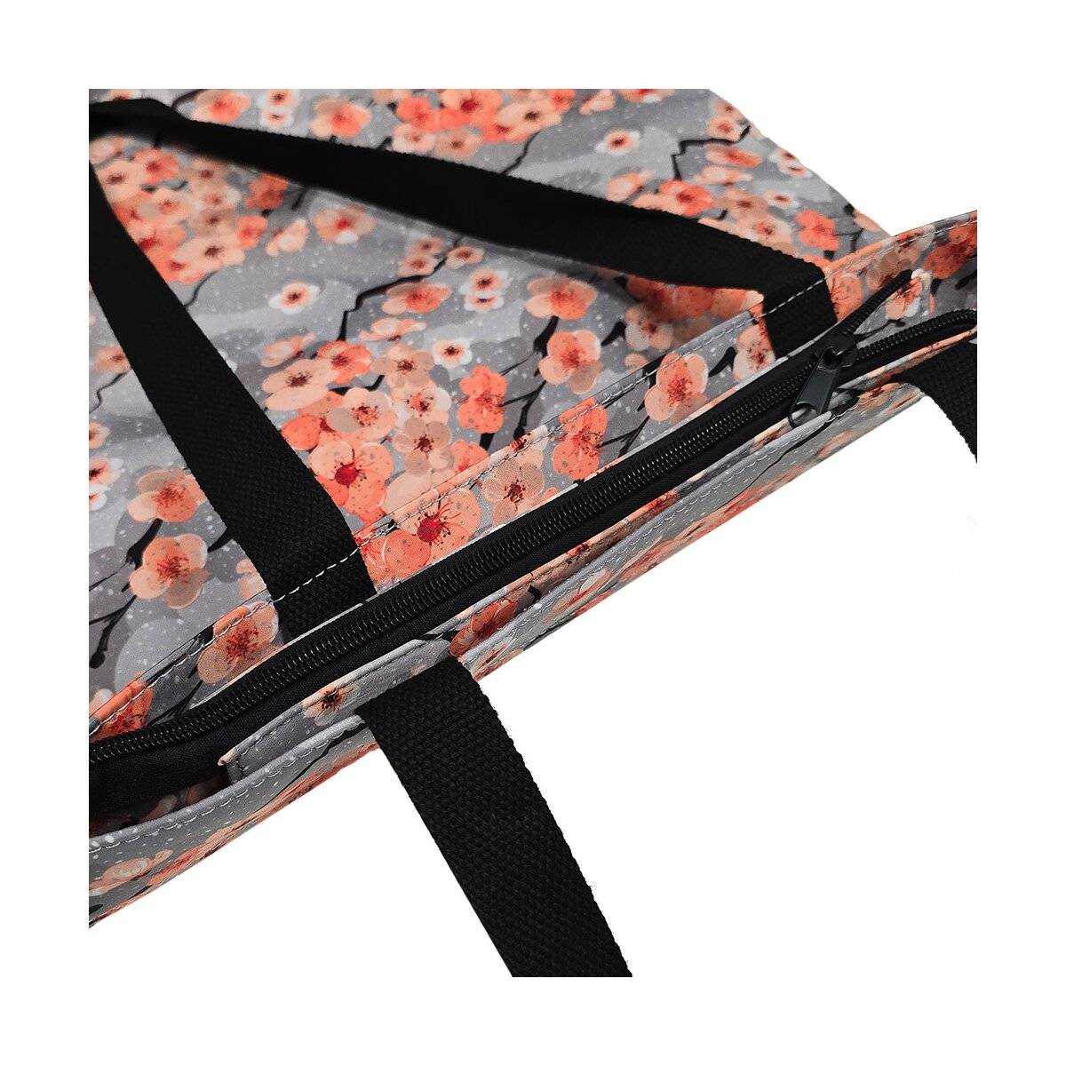 Praktische Umhängetasche mit Blütenmotiv - Einkaufstasche mit Reisverschluss Freizeittasche Grau
