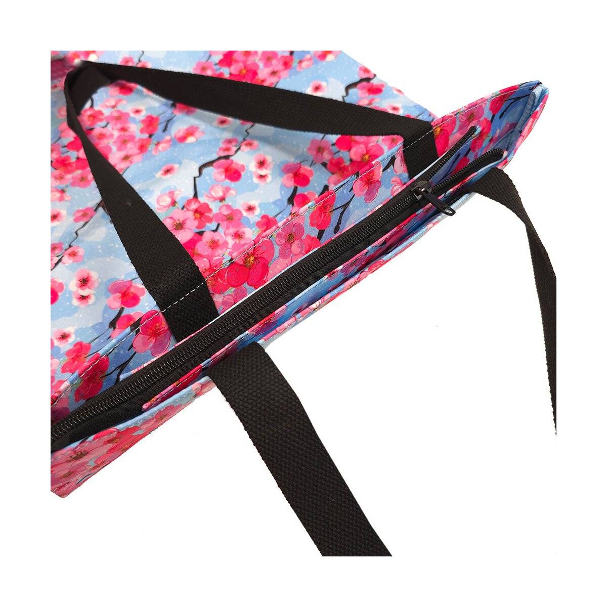 Praktische Umhängetasche mit Blütenmotiv - Einkaufstasche mit Reisverschluss Freizeittasche Blau