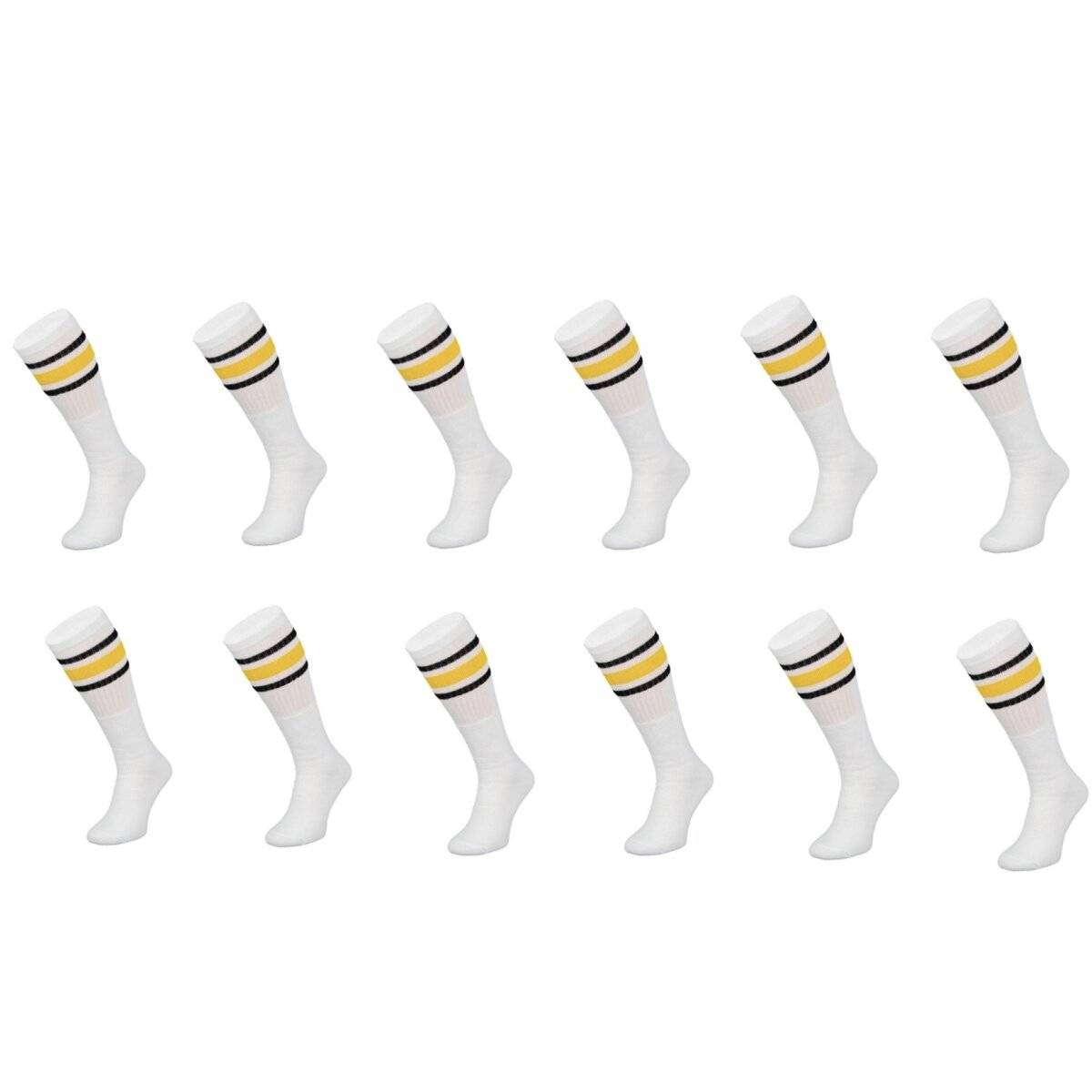 (12 Paar) Sportsocken in Weiß 60 cm Basketsocken, Gelb-Schwarz gestreift Wadenlänge OneSize