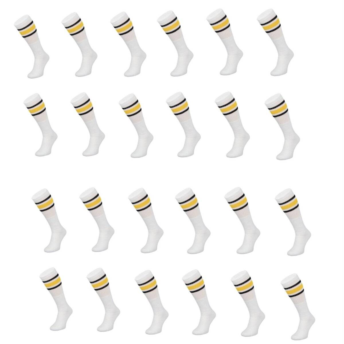 (24 Paar) Sportsocken in Weiß 60 cm Basketsocken, Gelb-Schwarz gestreift Wadenlänge OneSize