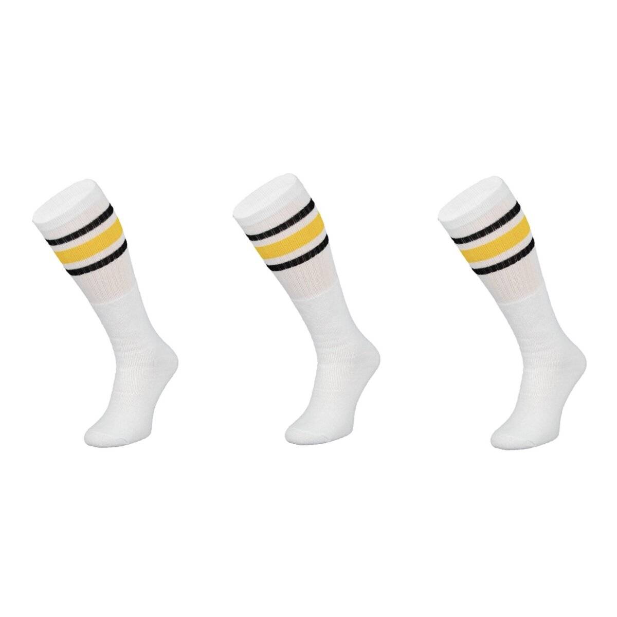 (3 Paar) Sportsocken in Weiß 60 cm Basketsocken, Gelb-Schwarz gestreift Wadenlänge OneSize