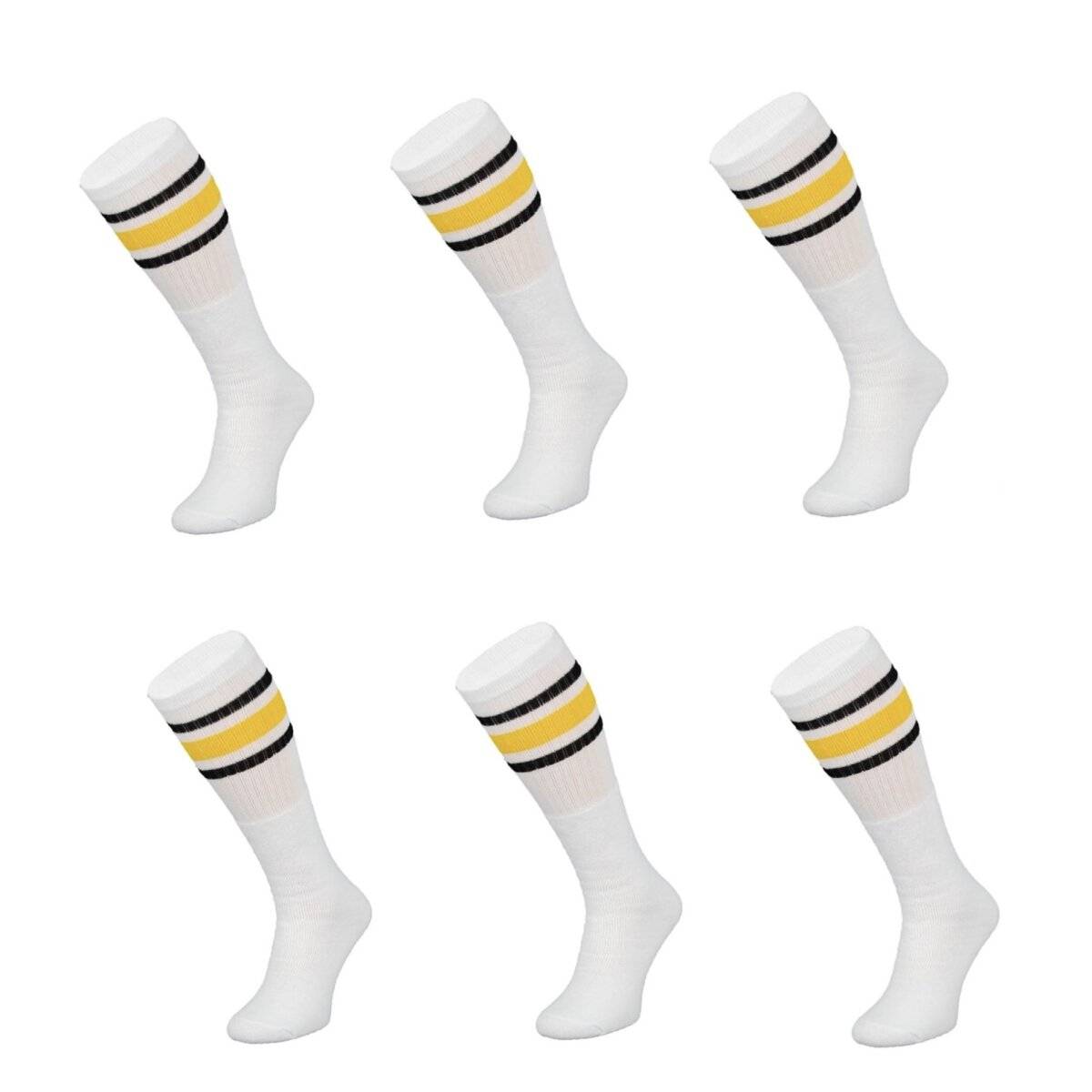 (6 Paar) Sportsocken in Weiß 60 cm Basketsocken, Gelb-Schwarz gestreift Wadenlänge OneSize