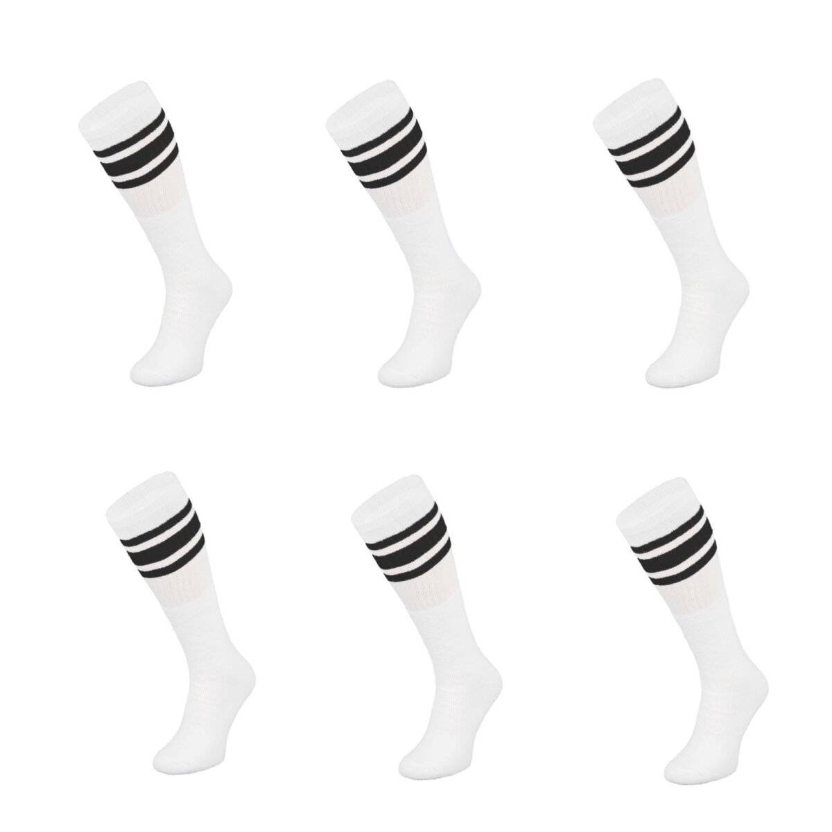 (6 Paar) Sportsocken in Weiß 60 cm Basketsocken, Schwarz gestreift Wadenlänge OneSize