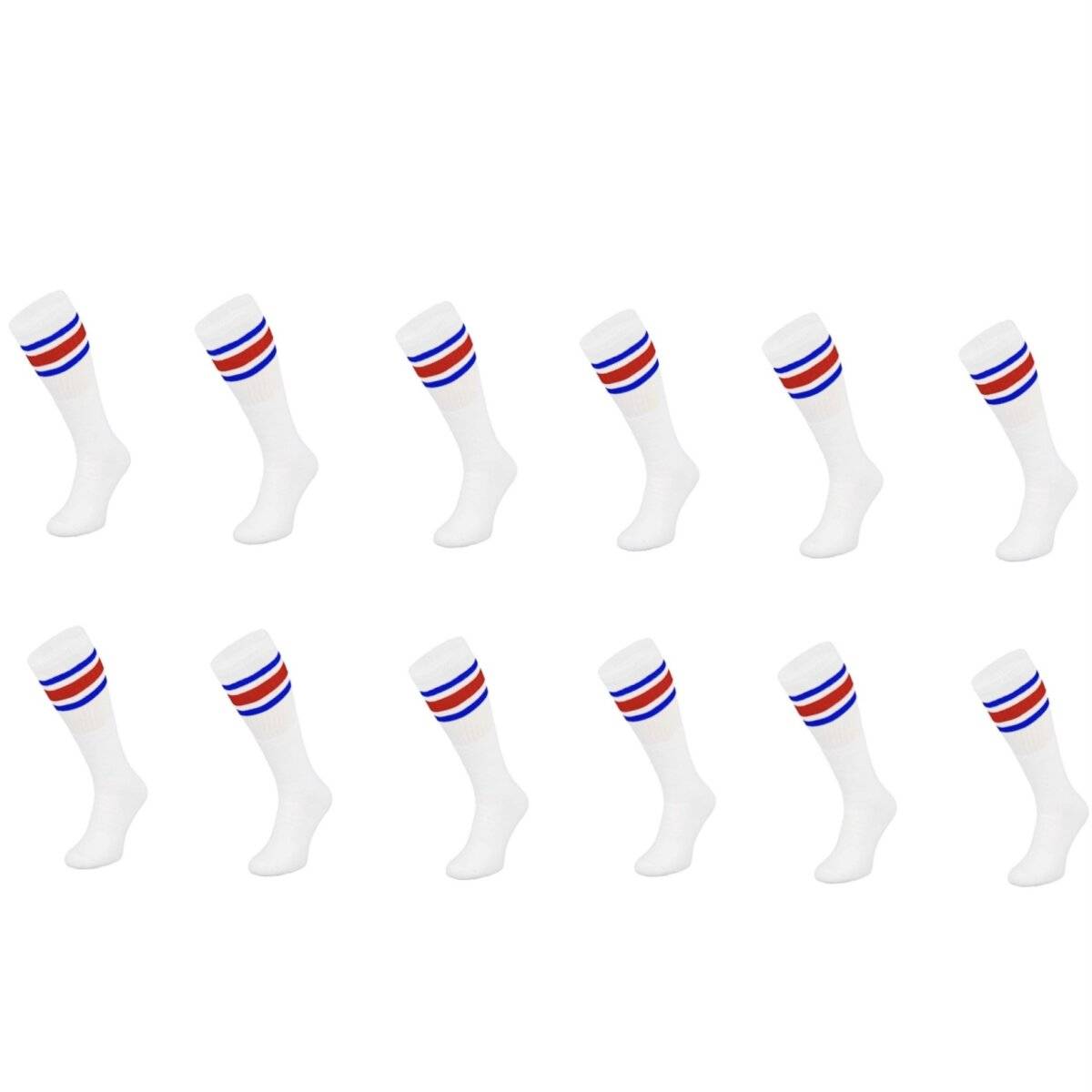 (12 Paar) Sportsocken in Weiß 60 cm Basketsocken, Blau-Rot gestreift Wadenlänge OneSize
