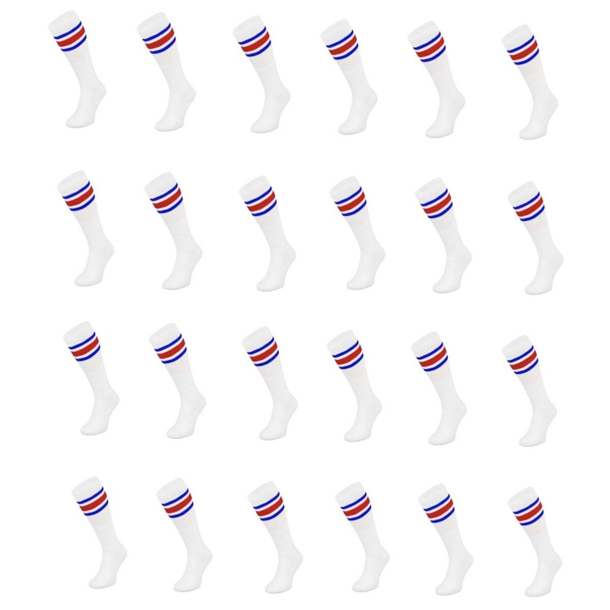 (24 Paar) Sportsocken in Weiß 60 cm Basketsocken, Blau-Rot gestreift Wadenlänge OneSize