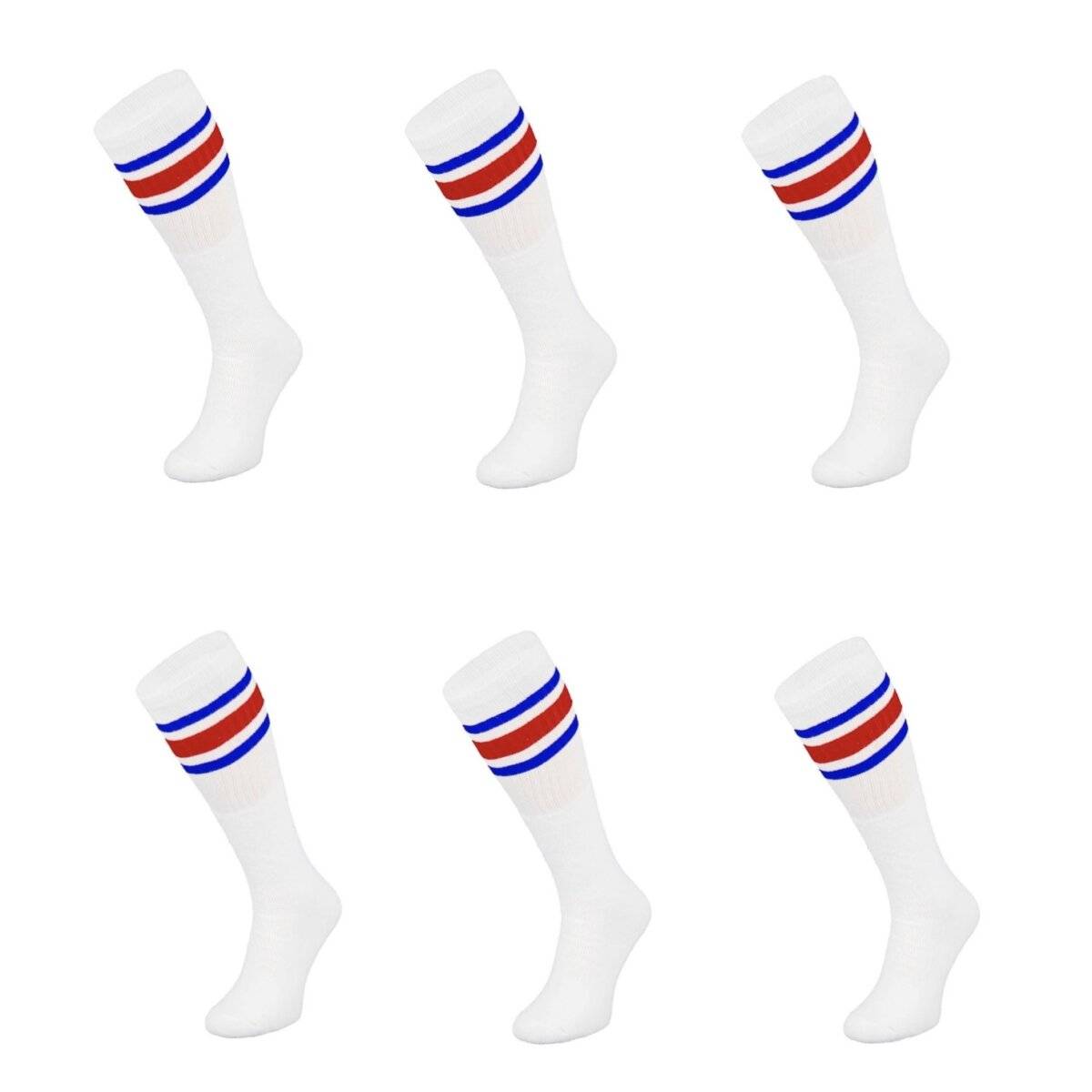 (6 Paar) Sportsocken in Weiß 60 cm Basketsocken, Blau-Rot gestreift Wadenlänge OneSize