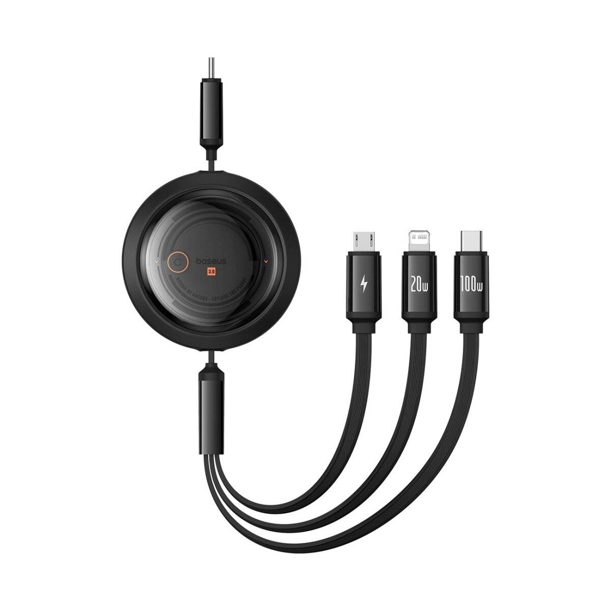 Einziehbarer Aufladekabel mit 3 unterschiedlichen Anschlüssen - kompatibel mit iPhone/USB-C/Micro-USB - 1,1 m Schwarz