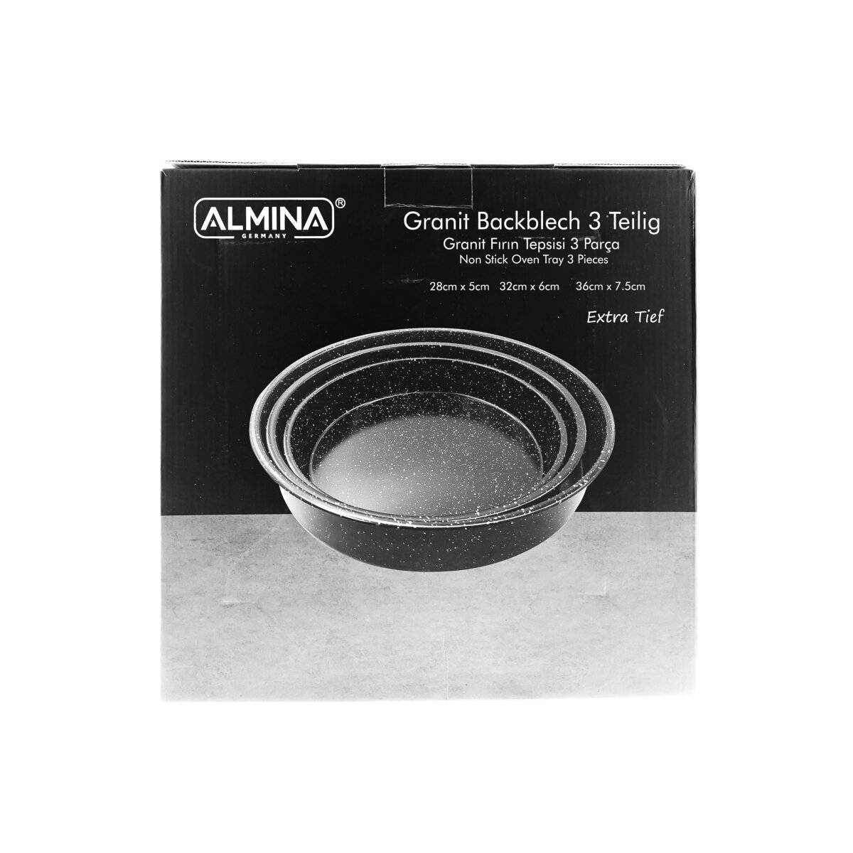Backbelch 3er Set in Schwarz Backofenblech Tepsi aus Granit Ø28/Ø32/Ø36 cm