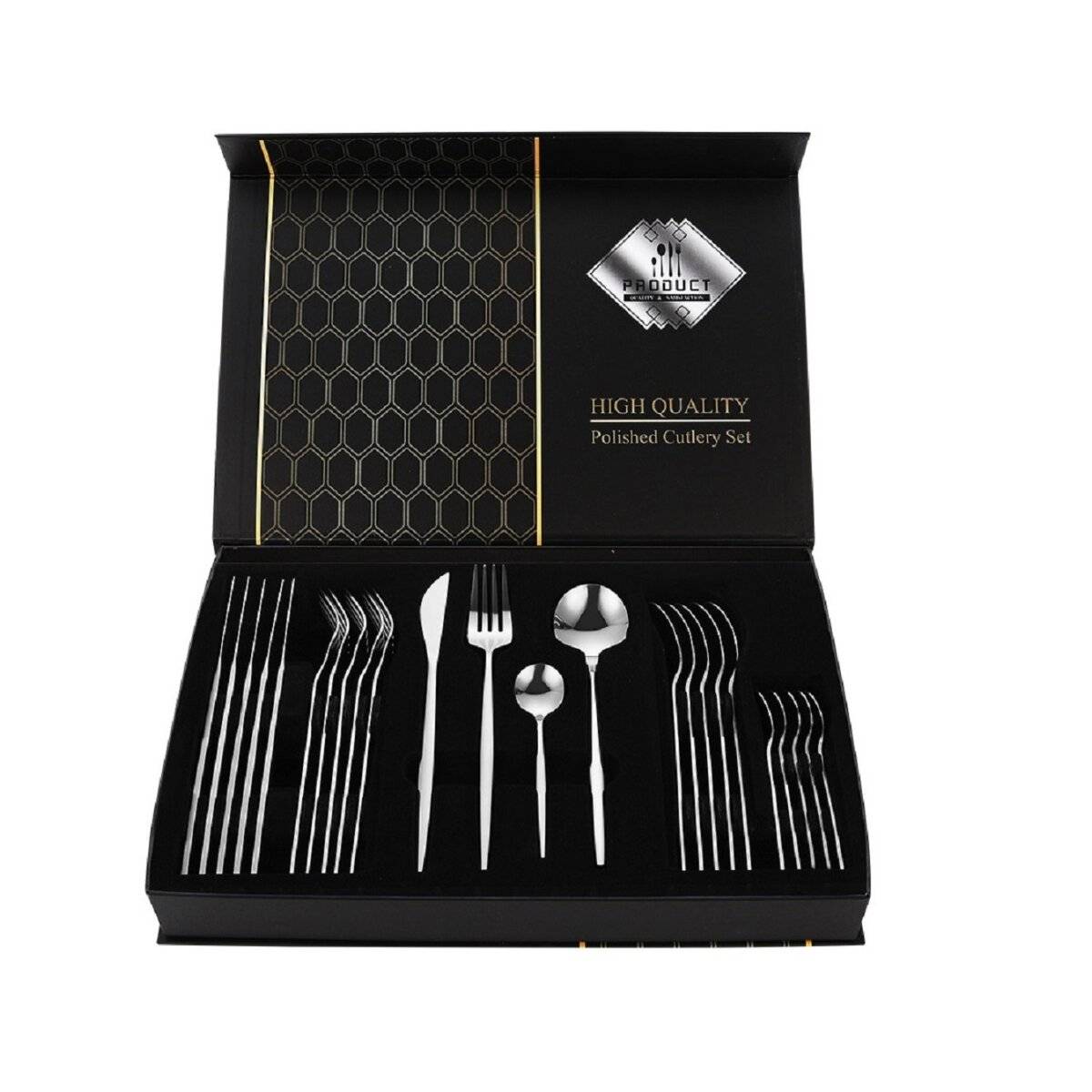 Premium Besteckset 6 Personen 24-tlg Edelstahl Essbesteck in einer Geschenkbox Design für jeden Anlass Silber