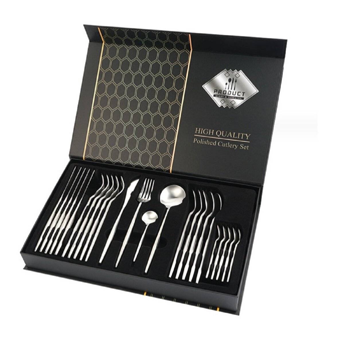 Premium Besteckset 6 Personen 24-tlg Edelstahl Essbesteck in einer Geschenkbox Design für jeden Anlass Silber