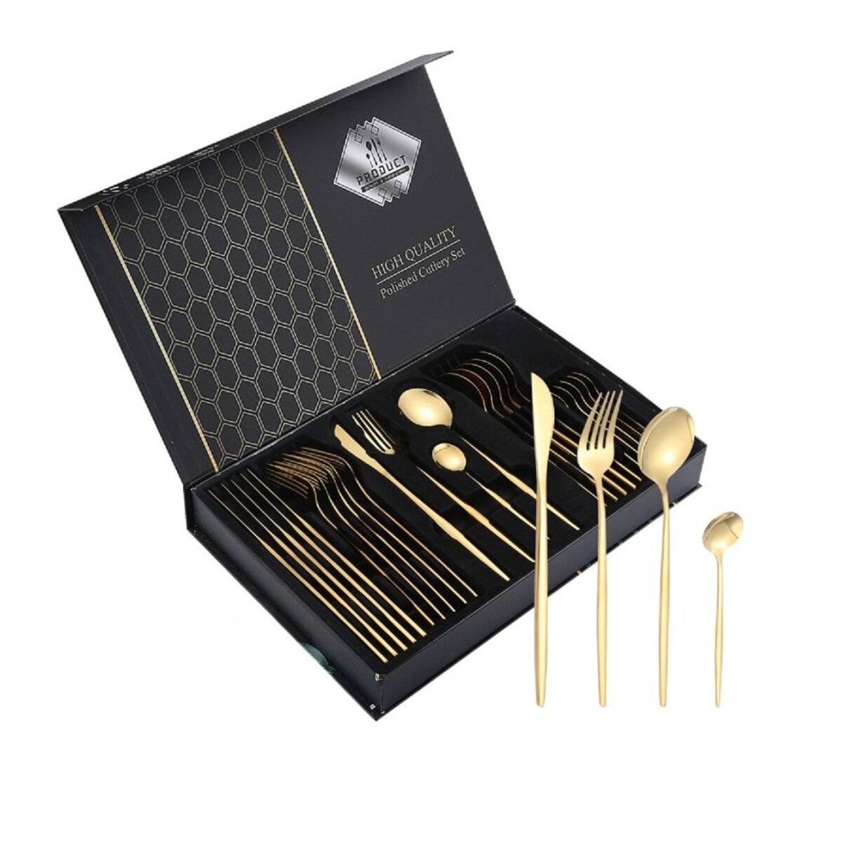 Premium Besteckset 6 Personen 24-tlg Edelstahl Essbesteck in einer Geschenkbox Design für jeden Anlass Gold