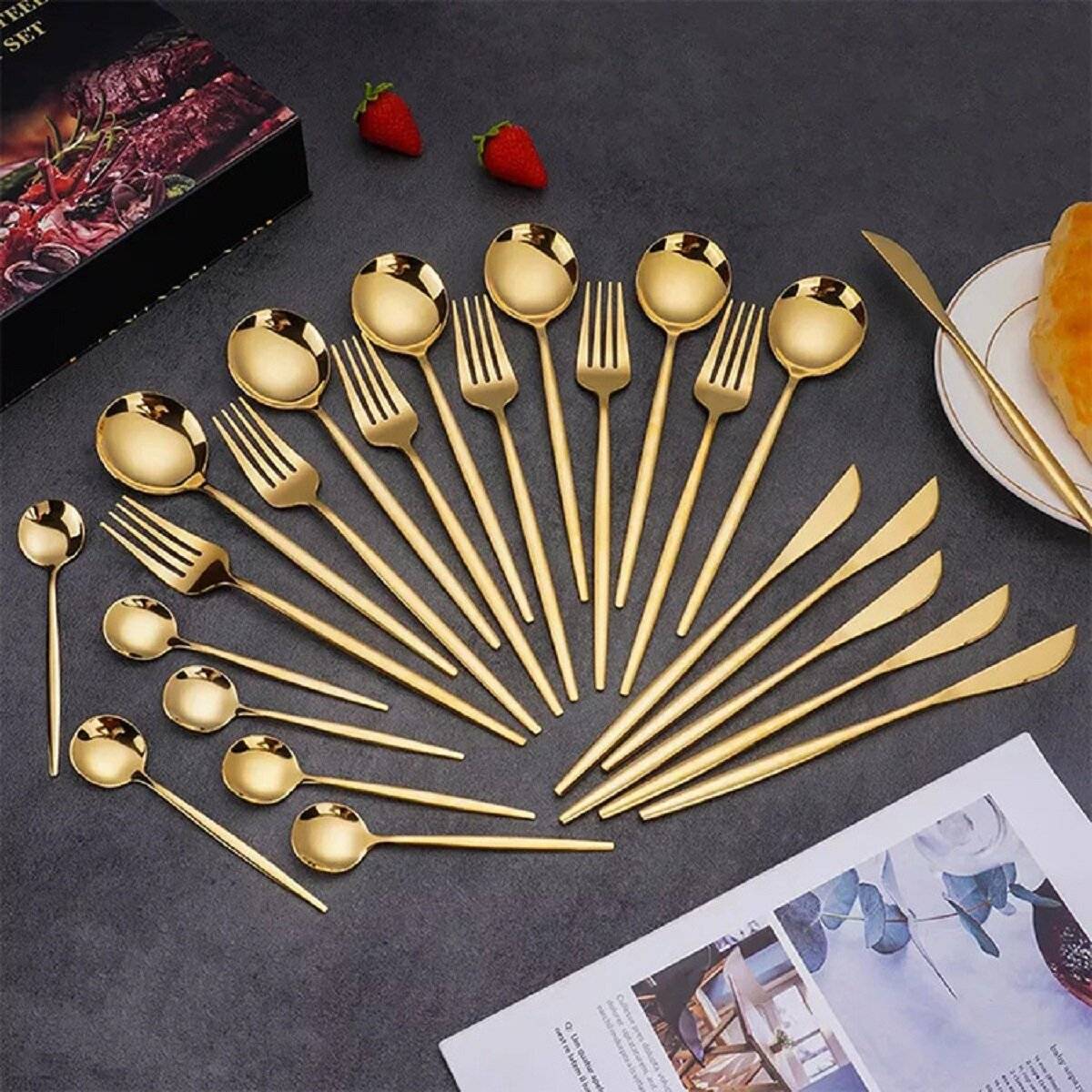 Premium Besteckset 6 Personen 24-tlg Edelstahl Essbesteck in einer Geschenkbox Design für jeden Anlass Gold