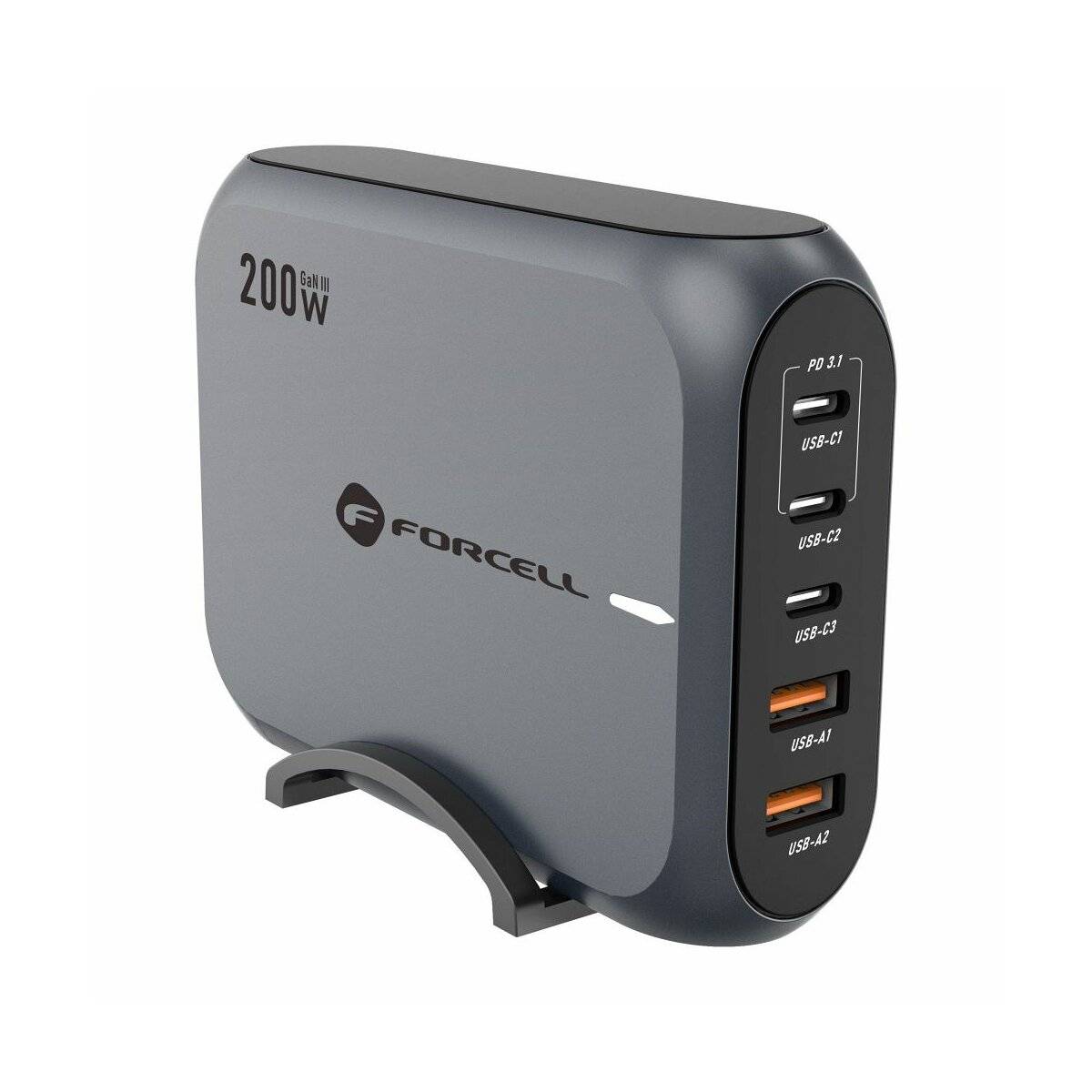 FORCELL F-ENERGY GaN III VT-51 Desktop Ladegerät 3 x Typ C + 2 x USB A PD QC4.0 SFC2.0 5A 200W Grau