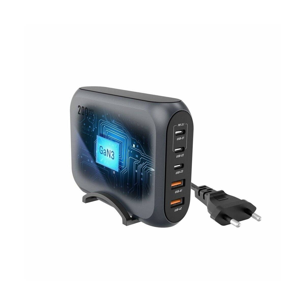 FORCELL F-ENERGY GaN III VT-51 Desktop Ladegerät 3 x Typ C + 2 x USB A PD QC4.0 SFC2.0 5A 200W Grau