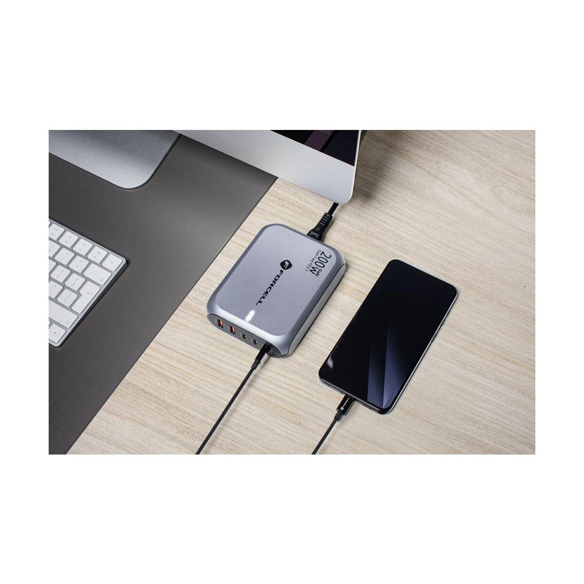 FORCELL F-ENERGY GaN III VT-51 Desktop Ladegerät 3 x Typ C + 2 x USB A PD QC4.0 SFC2.0 5A 200W Grau