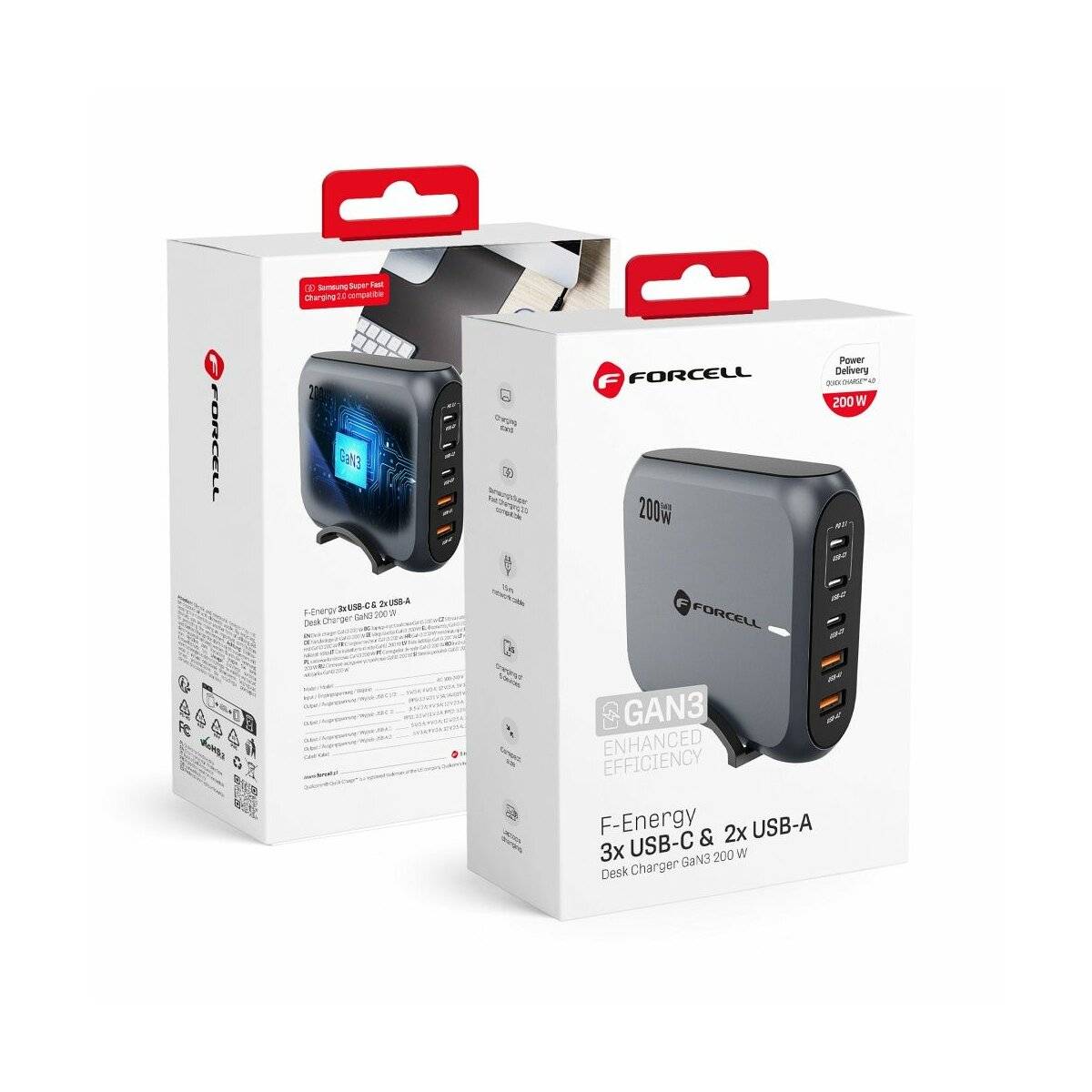 FORCELL F-ENERGY GaN III VT-51 Desktop Ladegerät 3 x Typ C + 2 x USB A PD QC4.0 SFC2.0 5A 200W Grau