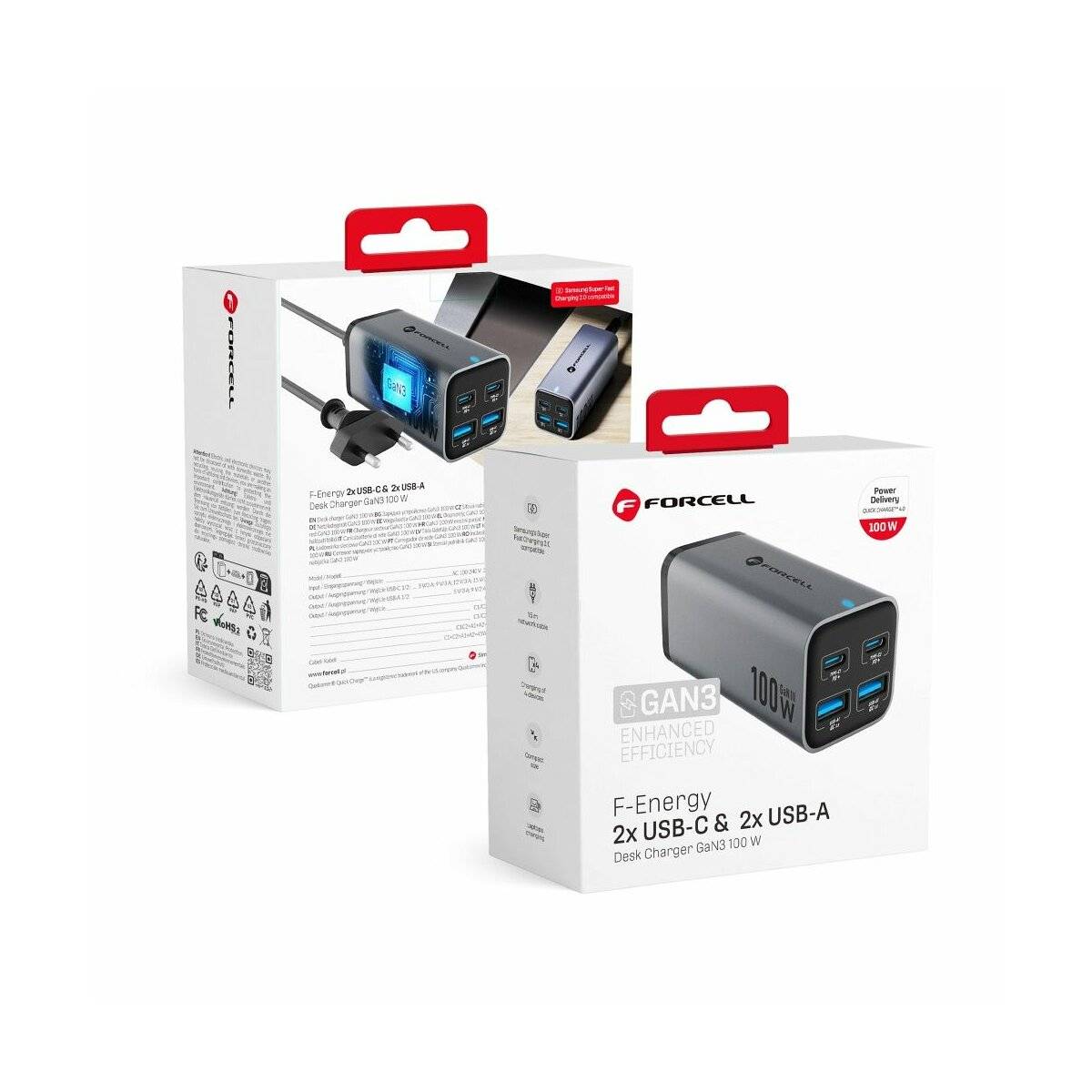 FORCELL F-ENERGY GaN III VT-51 Tischladegerät 2 x Typ C + 2 x USB A PD QC4.0 SFC2.0 5A 100W Grau