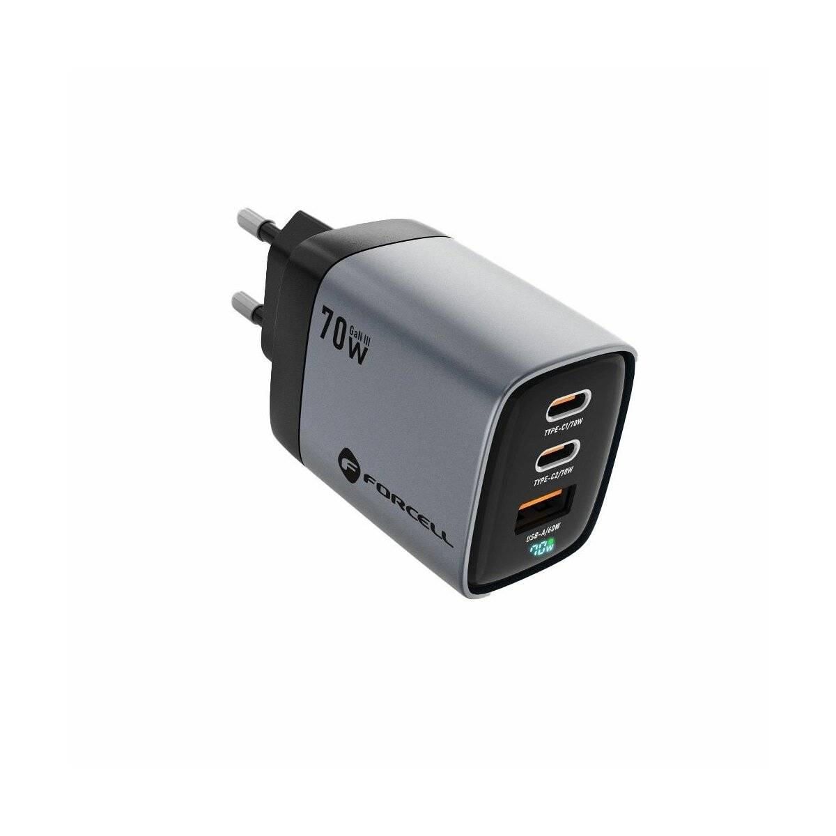 FORCELL F-ENERGY GaN III VT-37 Reiseladegerät mit Display LCD 2 x Typ C + USB A PD QC4.0 SAM SFC2.0 3,45A 70W grau