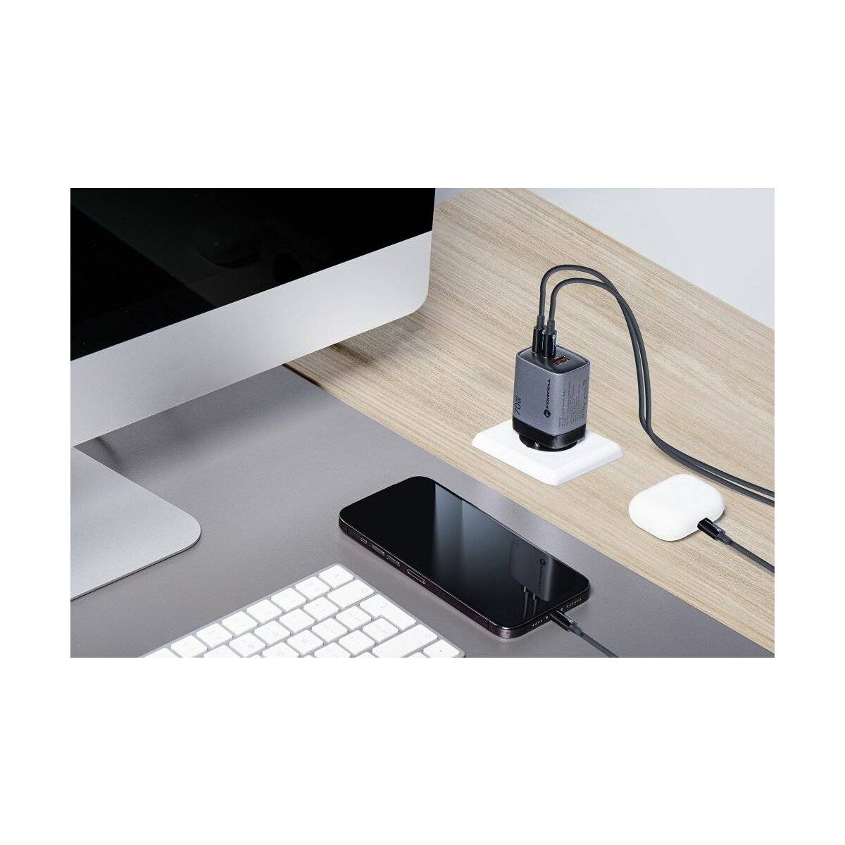 FORCELL F-ENERGY GaN III VT-37 Reiseladegerät mit Display LCD 2 x Typ C + USB A PD QC4.0 SAM SFC2.0 3,45A 70W grau