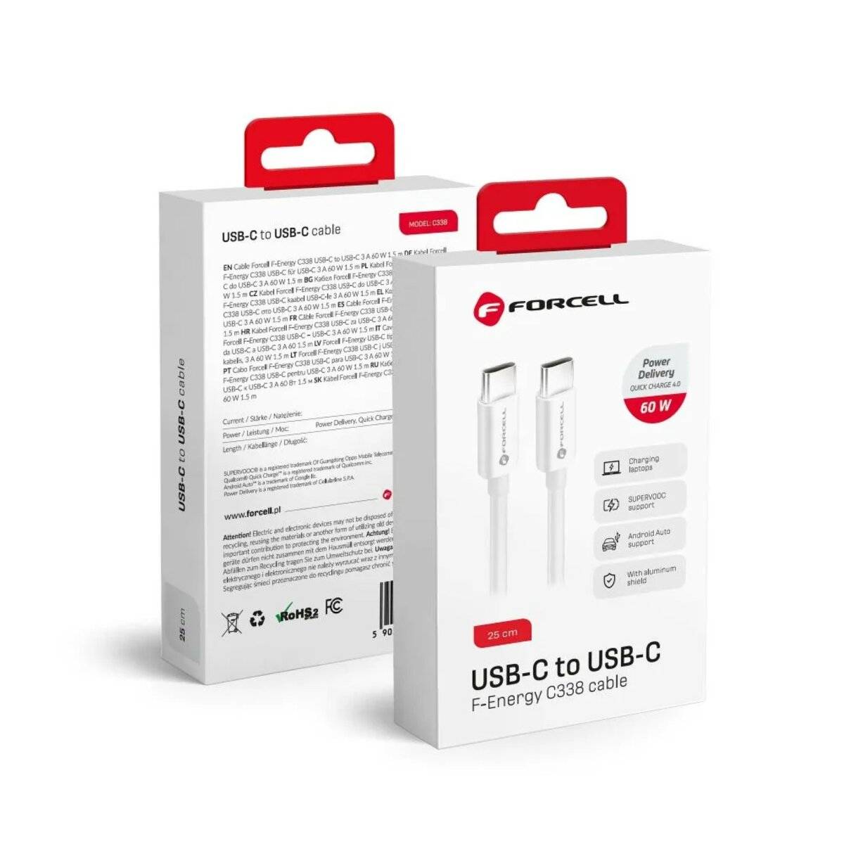 Ladekabel USB Typ C aus USB Typ C in Weiß QC4.0 3A/20V PD60W Datenkabel 0,25 m