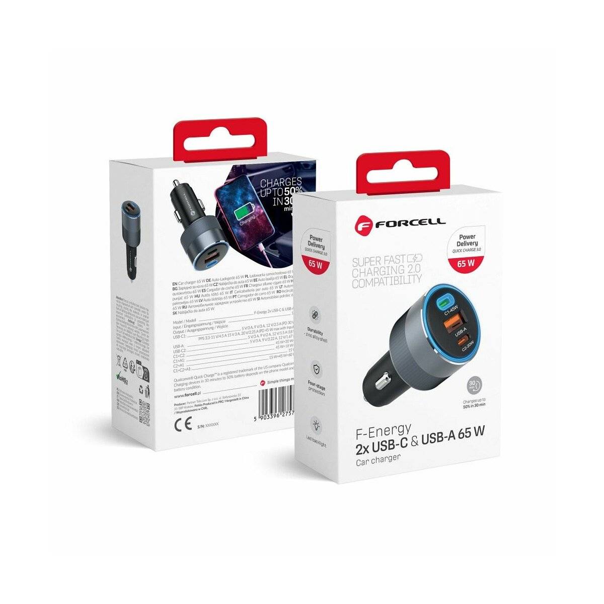 FORCELL F-ENERGY Alu Autoladegerät 2 x Typ C + USB A PD QC4.0 SFC2.0 4.5A 65W grau