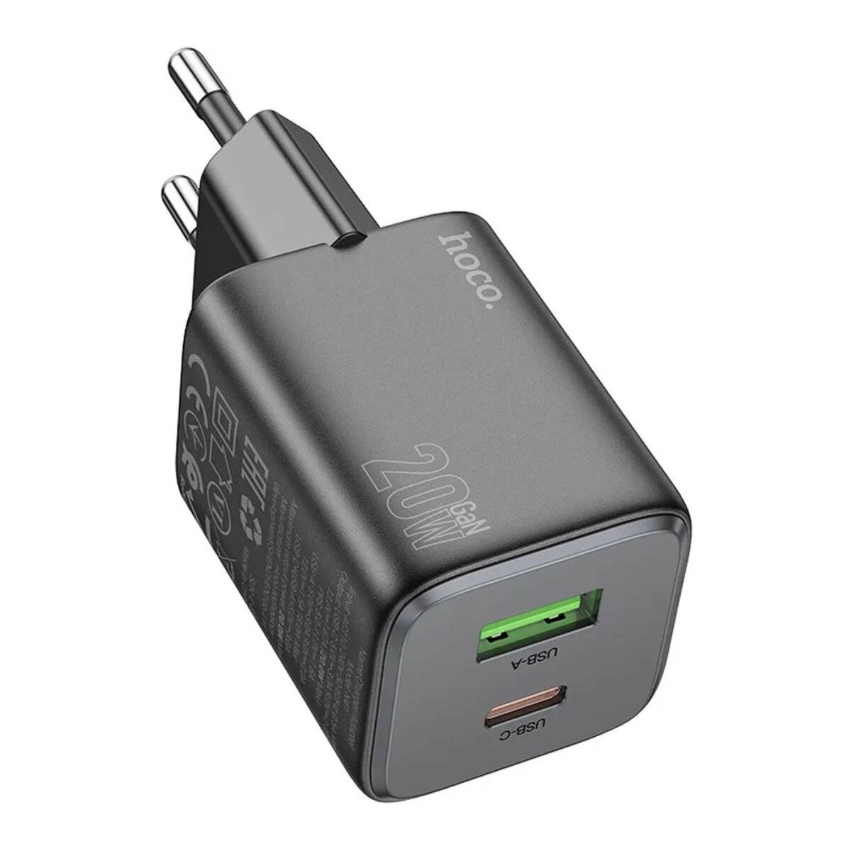 Netz-Ladegerät Ladeadapter 2 Anschlüsse USB-A, USB-C 20 W GaN-Schnellladegerät Schwarz