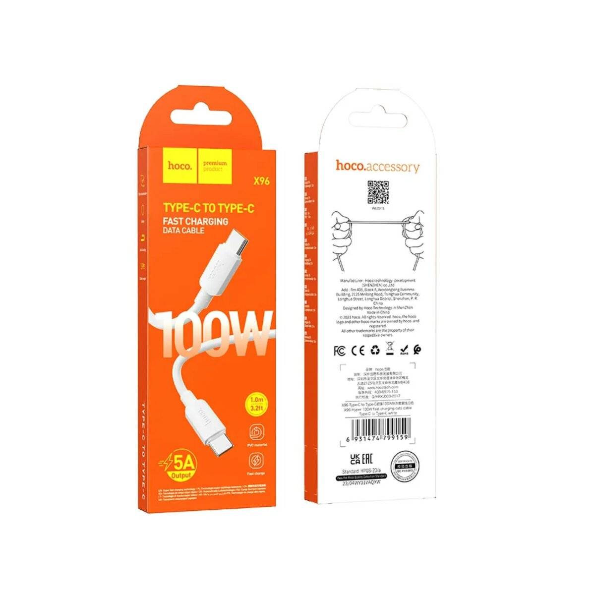 Ladekabel USB Typ C auf USB Typ C Schnellladekabel PD 100W 1m Datenkabel Weiß