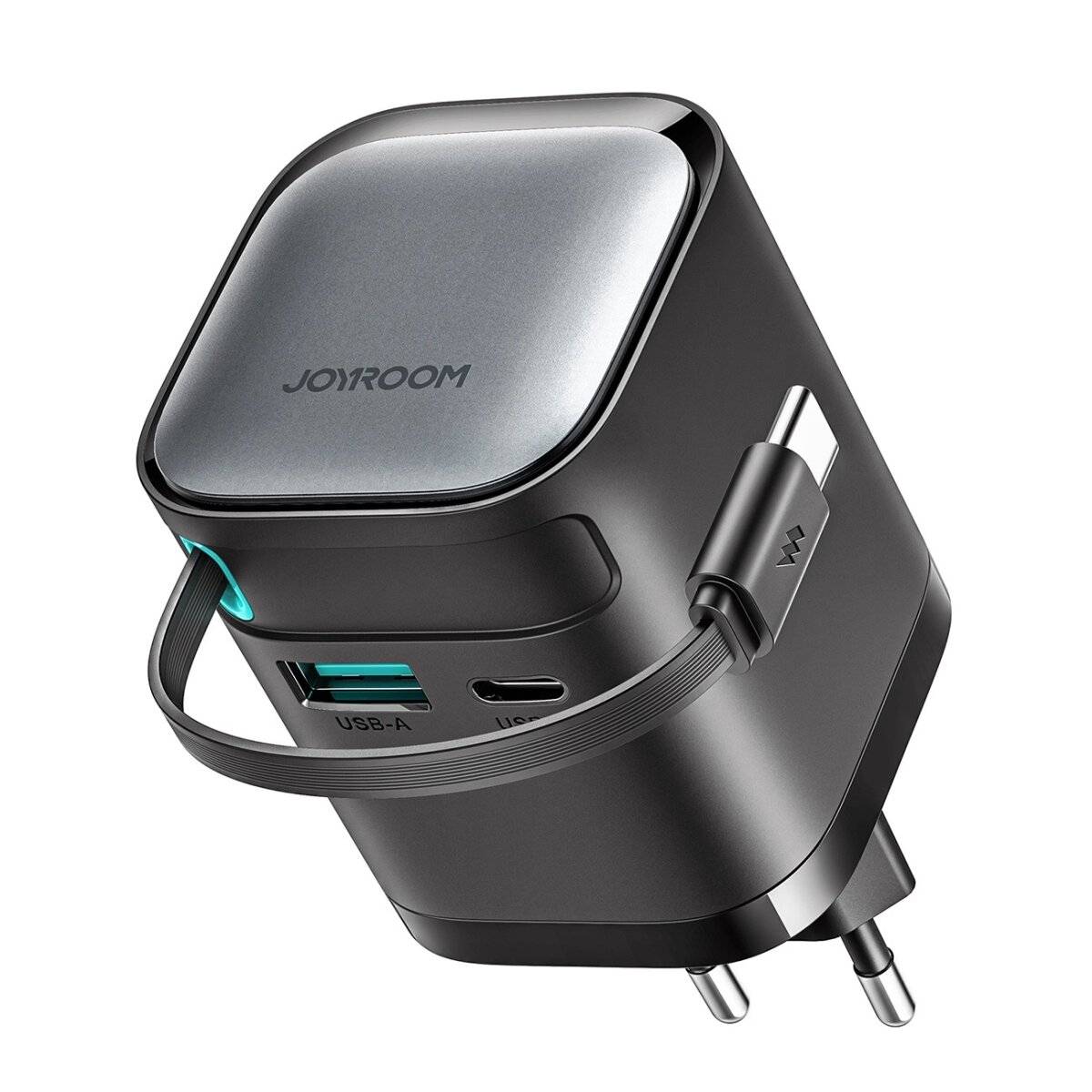 Ladegerät mit einer Leistung von bis zu 65 W mit USB-A- und USB-C-Anschlüssen und einem integrierten USB-C-Kabel
