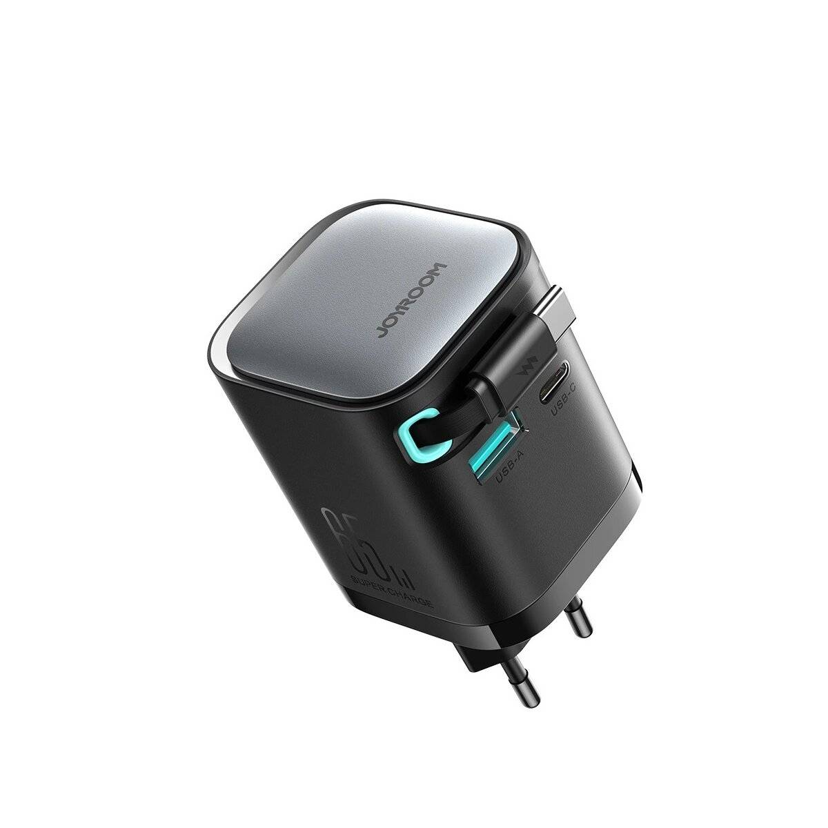 Ladegerät mit einer Leistung von bis zu 65 W mit USB-A- und USB-C-Anschlüssen und einem integrierten USB-C-Kabel