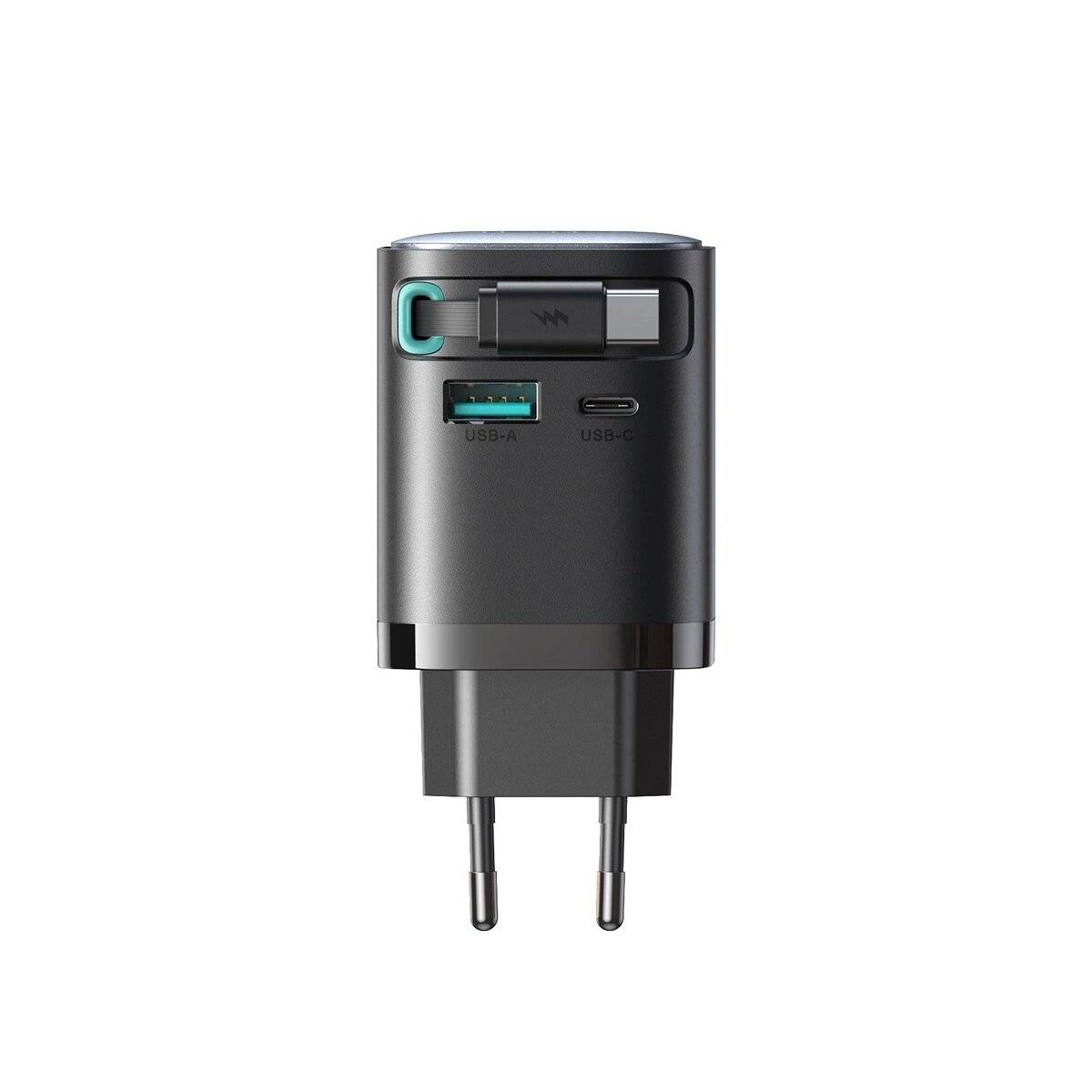 Ladegerät mit einer Leistung von bis zu 65 W mit USB-A- und USB-C-Anschlüssen und einem integrierten USB-C-Kabel