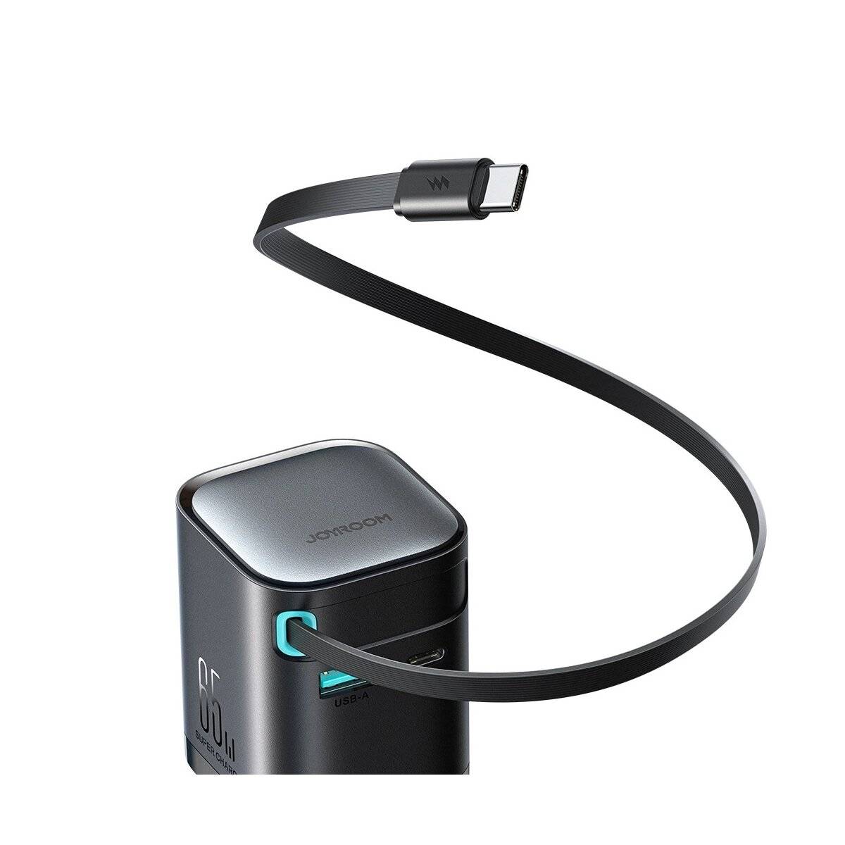 Ladegerät mit einer Leistung von bis zu 65 W mit USB-A- und USB-C-Anschlüssen und einem integrierten USB-C-Kabel