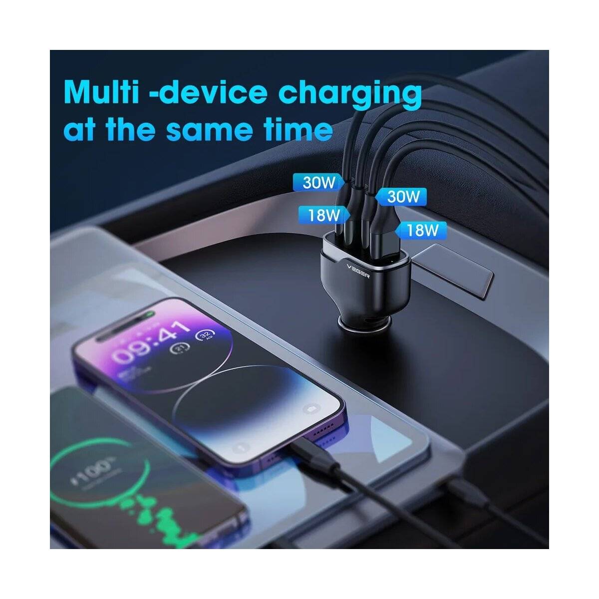 Autoladegerät 2 x USB A + 2 x Typ C - Ladeadapter für Kfz PD QC 3A 66W in schwarz