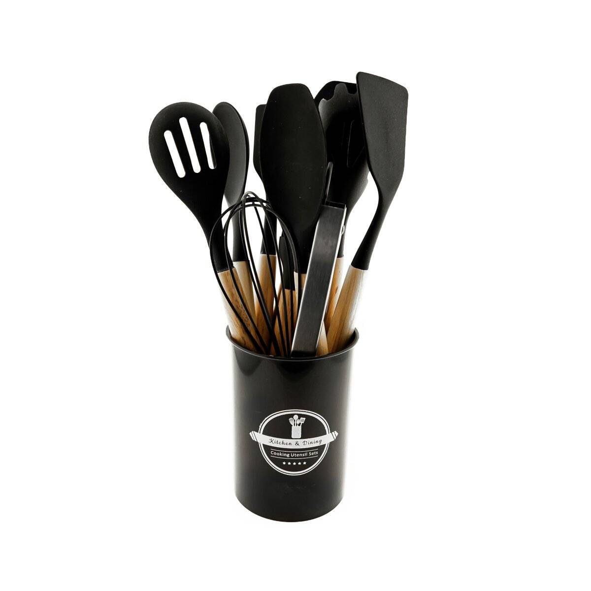 12 teiliges Küchenhelfer-Set aus Silikon Kochgeschirr mit Holzgriff Hitzebeständig Schwarz
