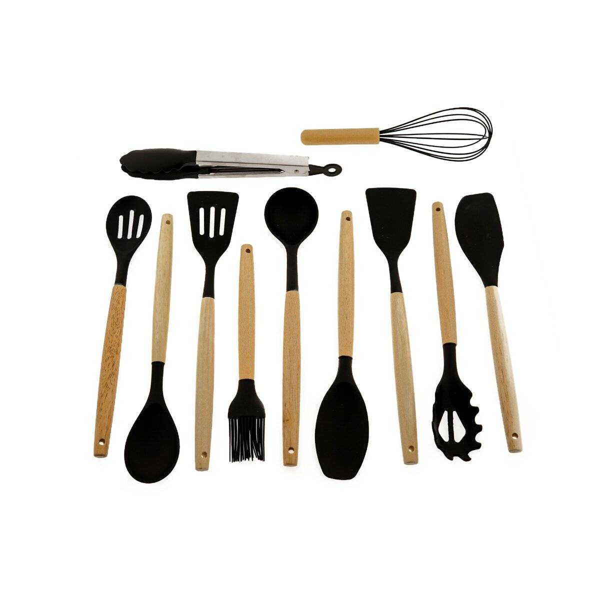 12 teiliges Küchenhelfer-Set aus Silikon Kochgeschirr mit Holzgriff Hitzebeständig Schwarz