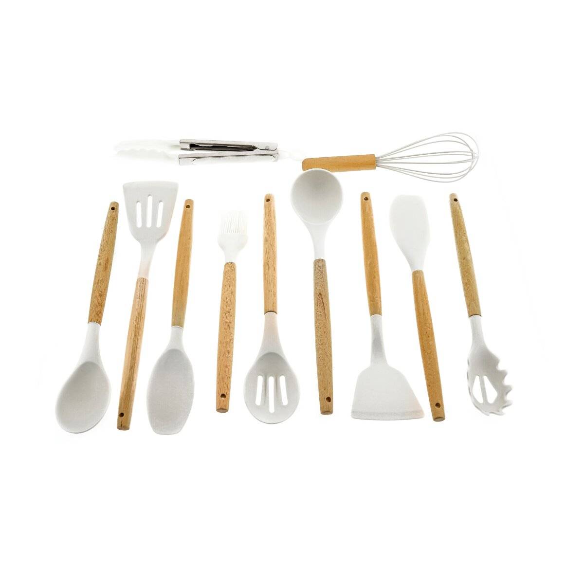12 teiliges Küchenhelfer-Set aus Silikon Kochgeschirr mit Holzgriff Hitzebeständig Weiß