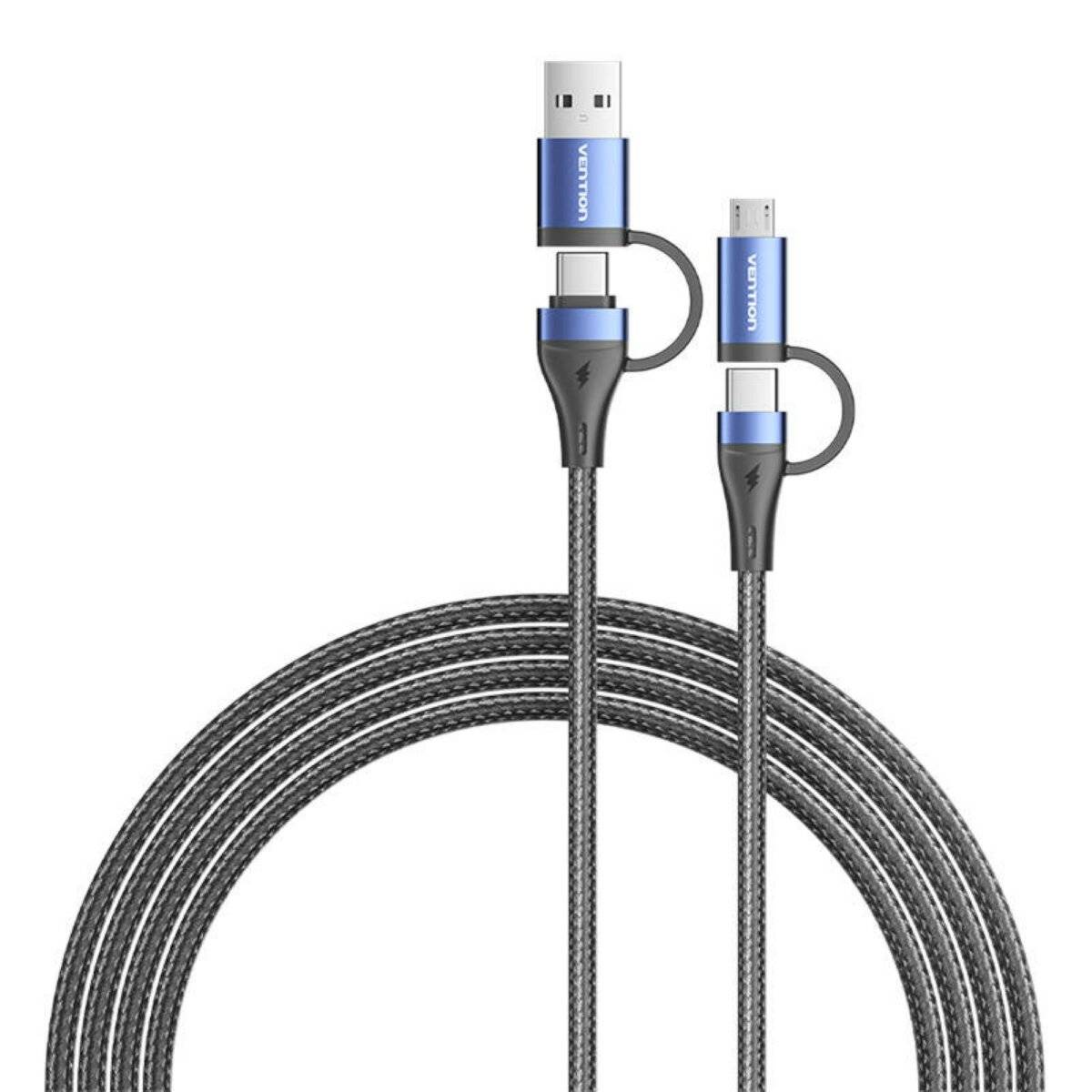 4 in 1 Ladekabel USB 2.0 Kabel mit 3 Anschlüssen (2x USB-C, micro-USB, USB-A) in Schwarz 1m